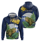 Kakapo New Zealand Personalised Zip Hoodie Kowhai Flower Silver Fern Maori Pattern
