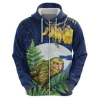Kakapo New Zealand Personalised Zip Hoodie Kowhai Flower Silver Fern Maori Pattern