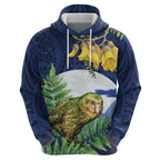 Kakapo New Zealand Personalised Zip Hoodie Kowhai Flower Silver Fern Maori Pattern