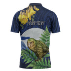 Kakapo New Zealand Personalised Zipper Polo Shirt Kowhai Flower Silver Fern Maori Pattern