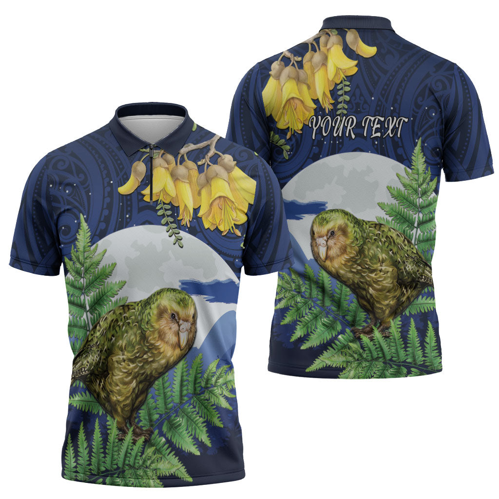 Kakapo New Zealand Personalised Zipper Polo Shirt Kowhai Flower Silver Fern Maori Pattern