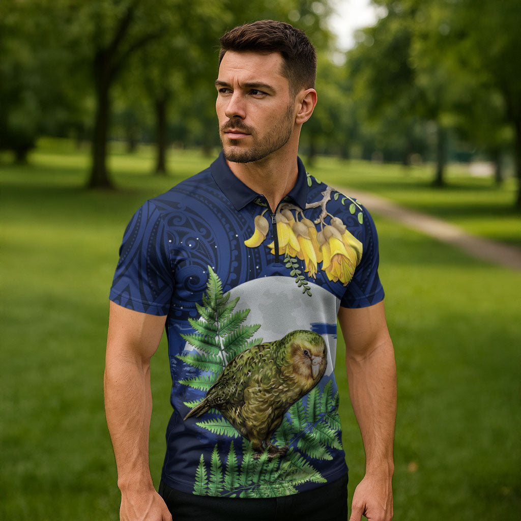 Kakapo New Zealand Personalised Zipper Polo Shirt Kowhai Flower Silver Fern Maori Pattern