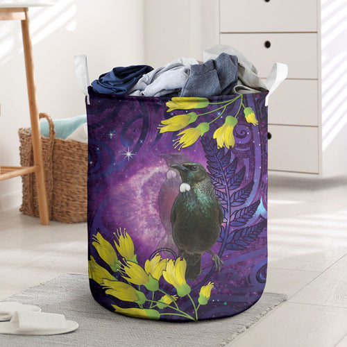New Zealand Tui Bird Matariki Laundry Basket Kowhai Flower Silver Fern Galaxy Maori Pattern