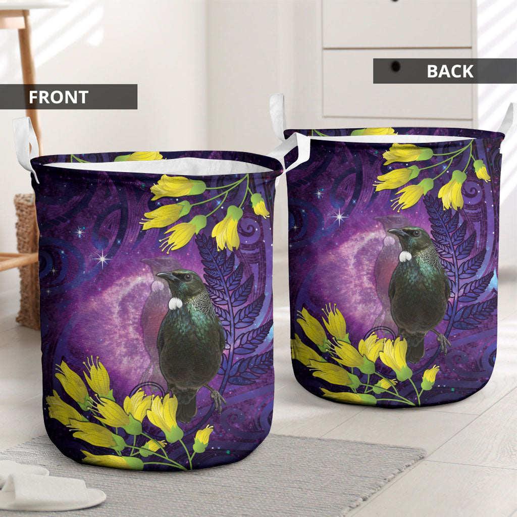 New Zealand Tui Bird Matariki Laundry Basket Kowhai Flower Silver Fern Galaxy Maori Pattern