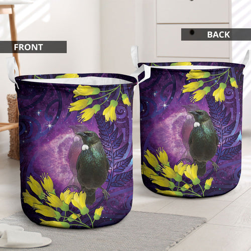 New Zealand Tui Bird Matariki Laundry Basket Kowhai Flower Silver Fern Galaxy Maori Pattern