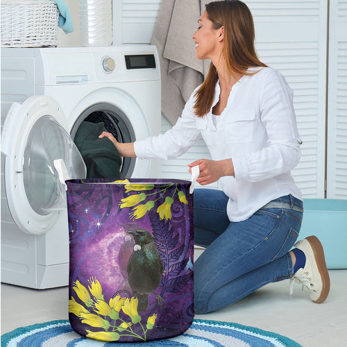 New Zealand Tui Bird Matariki Laundry Basket Kowhai Flower Silver Fern Galaxy Maori Pattern