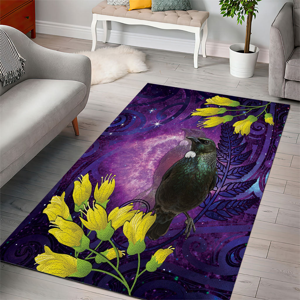New Zealand Tui Bird Matariki Area Rug Kowhai Flower Silver Fern Galaxy Maori Pattern