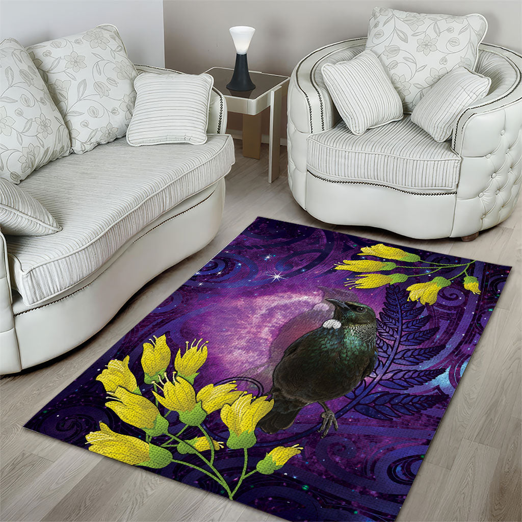 New Zealand Tui Bird Matariki Area Rug Kowhai Flower Silver Fern Galaxy Maori Pattern