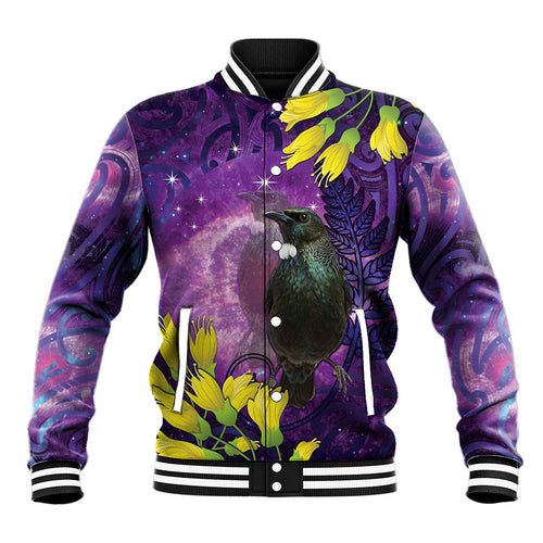 New Zealand Tui Bird Matariki Baseball Jacket Kowhai Flower Silver Fern Galaxy Maori Pattern