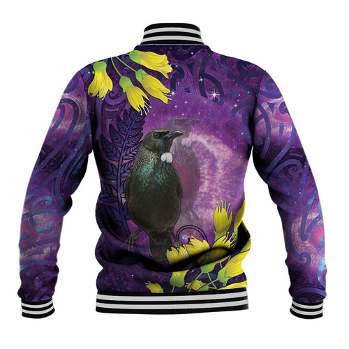 New Zealand Tui Bird Matariki Baseball Jacket Kowhai Flower Silver Fern Galaxy Maori Pattern