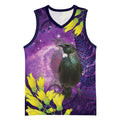 New Zealand Tui Bird Matariki Basketball Jersey Kowhai Flower Silver Fern Galaxy Maori Pattern