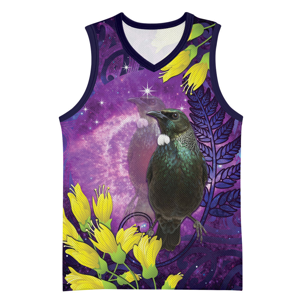 New Zealand Tui Bird Matariki Basketball Jersey Kowhai Flower Silver Fern Galaxy Maori Pattern