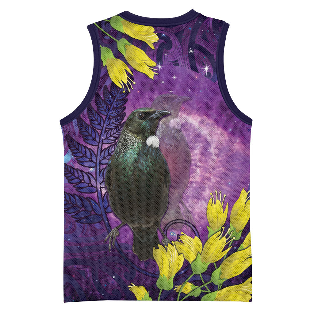 New Zealand Tui Bird Matariki Basketball Jersey Kowhai Flower Silver Fern Galaxy Maori Pattern