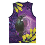 New Zealand Tui Bird Matariki Basketball Jersey Kowhai Flower Silver Fern Galaxy Maori Pattern