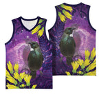 New Zealand Tui Bird Matariki Basketball Jersey Kowhai Flower Silver Fern Galaxy Maori Pattern