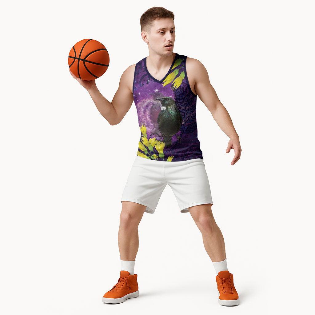 New Zealand Tui Bird Matariki Basketball Jersey Kowhai Flower Silver Fern Galaxy Maori Pattern