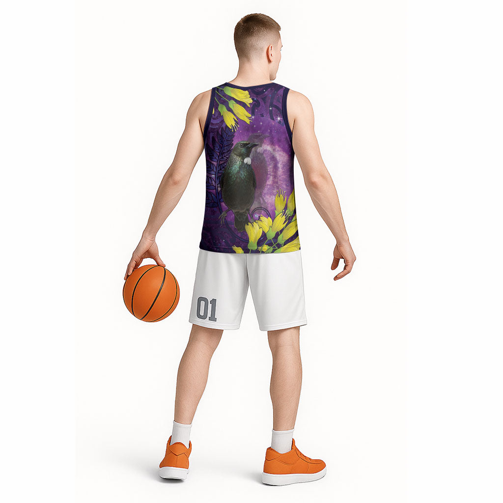 New Zealand Tui Bird Matariki Basketball Jersey Kowhai Flower Silver Fern Galaxy Maori Pattern