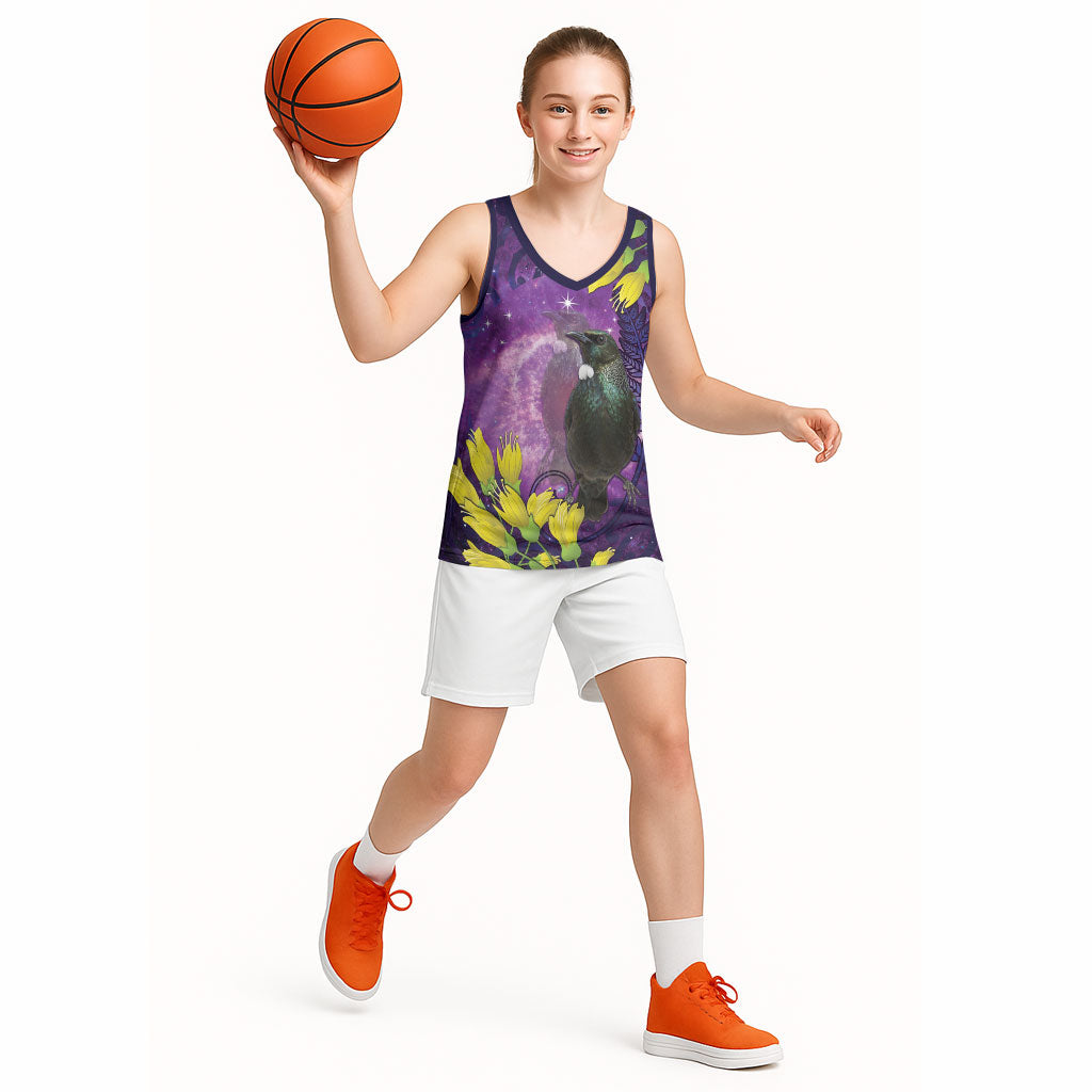 New Zealand Tui Bird Matariki Basketball Jersey Kowhai Flower Silver Fern Galaxy Maori Pattern