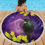 New Zealand Tui Bird Matariki Beach Blanket Kowhai Flower Silver Fern Galaxy Maori Pattern