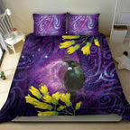 New Zealand Tui Bird Matariki Bedding Set Kowhai Flower Silver Fern Galaxy Maori Pattern