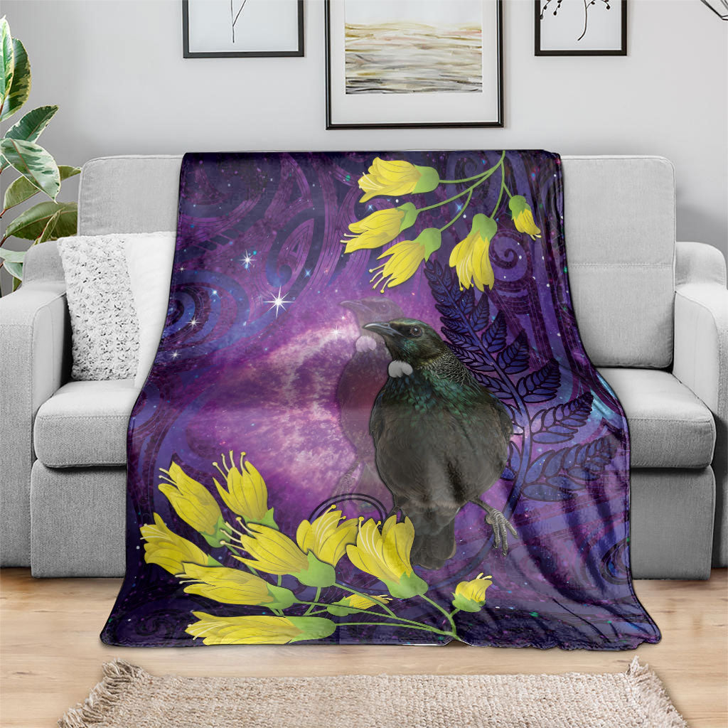 New Zealand Tui Bird Matariki Blanket Kowhai Flower Silver Fern Galaxy Maori Pattern
