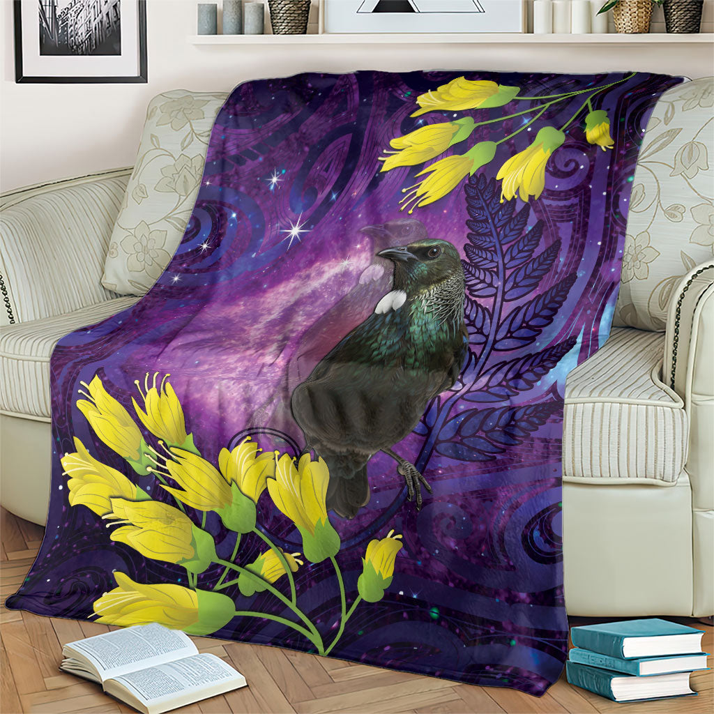 New Zealand Tui Bird Matariki Blanket Kowhai Flower Silver Fern Galaxy Maori Pattern