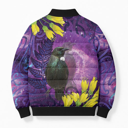 New Zealand Tui Bird Matariki Bomber Puffer Jacket Kowhai Flower Silver Fern Galaxy Maori Pattern