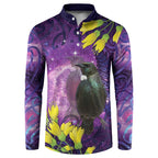 New Zealand Tui Bird Matariki Button Sweatshirt Kowhai Flower Silver Fern Galaxy Maori Pattern