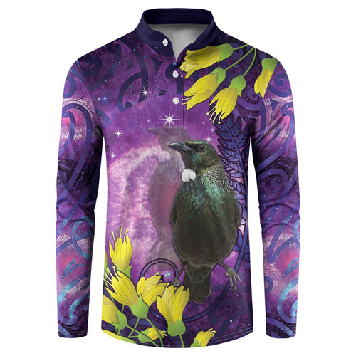 New Zealand Tui Bird Matariki Button Sweatshirt Kowhai Flower Silver Fern Galaxy Maori Pattern