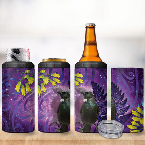 New Zealand Tui Bird Matariki 4 in 1 Can Cooler Tumbler Kowhai Flower Silver Fern Galaxy Maori Pattern