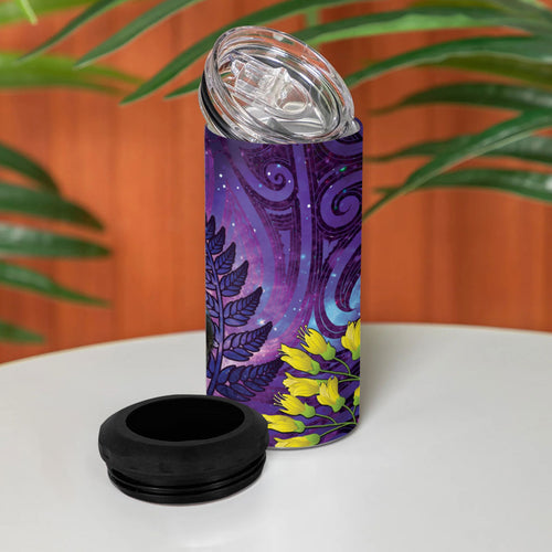 New Zealand Tui Bird Matariki 4 in 1 Can Cooler Tumbler Kowhai Flower Silver Fern Galaxy Maori Pattern