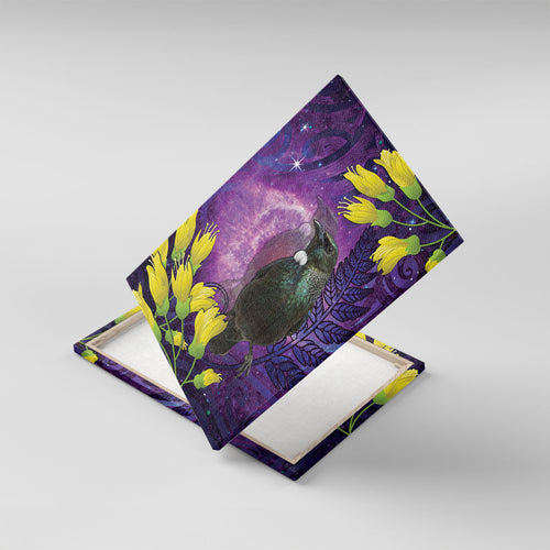 New Zealand Tui Bird Matariki Canvas Wall Art Kowhai Flower Silver Fern Galaxy Maori Pattern
