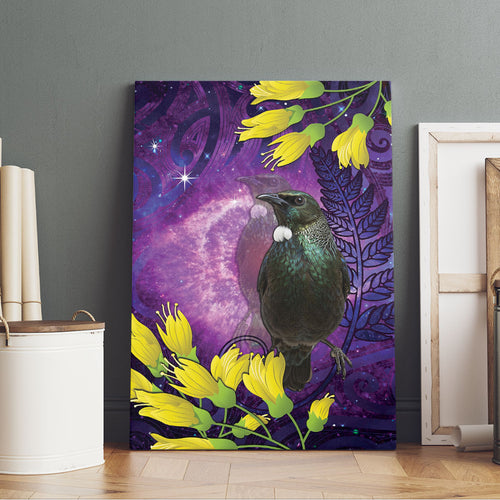 New Zealand Tui Bird Matariki Canvas Wall Art Kowhai Flower Silver Fern Galaxy Maori Pattern