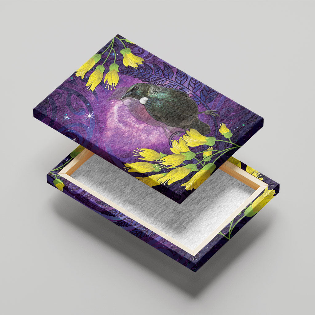 New Zealand Tui Bird Matariki Canvas Wall Art Kowhai Flower Silver Fern Galaxy Maori Pattern