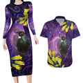 New Zealand Tui Bird Matariki Couples Matching Long Sleeve Bodycon Dress and Hawaiian Shirt Kowhai Flower Silver Fern Galaxy Maori Pattern
