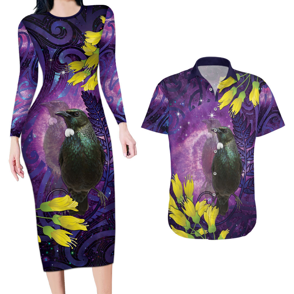 New Zealand Tui Bird Matariki Couples Matching Long Sleeve Bodycon Dress and Hawaiian Shirt Kowhai Flower Silver Fern Galaxy Maori Pattern