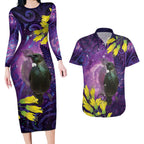 New Zealand Tui Bird Matariki Couples Matching Long Sleeve Bodycon Dress and Hawaiian Shirt Kowhai Flower Silver Fern Galaxy Maori Pattern