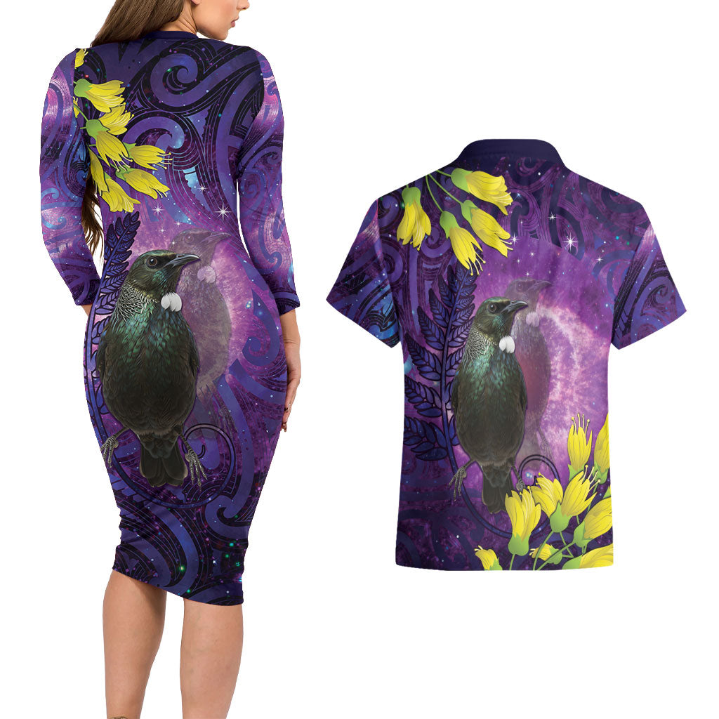 New Zealand Tui Bird Matariki Couples Matching Long Sleeve Bodycon Dress and Hawaiian Shirt Kowhai Flower Silver Fern Galaxy Maori Pattern