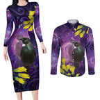 New Zealand Tui Bird Matariki Couples Matching Long Sleeve Bodycon Dress and Long Sleeve Button Shirt Kowhai Flower Silver Fern Galaxy Maori Pattern