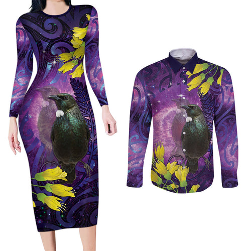 New Zealand Tui Bird Matariki Couples Matching Long Sleeve Bodycon Dress and Long Sleeve Button Shirt Kowhai Flower Silver Fern Galaxy Maori Pattern