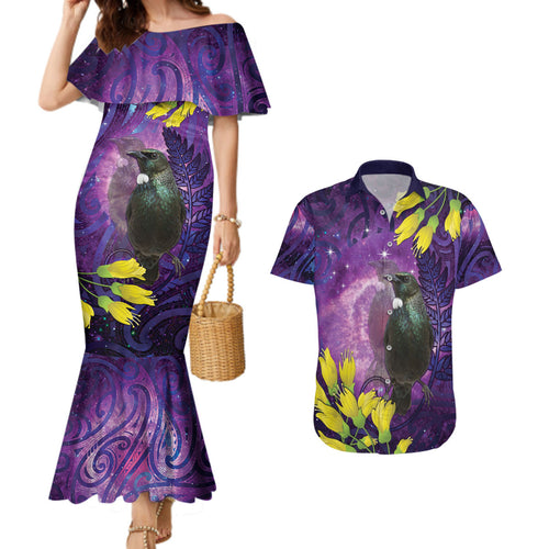 New Zealand Tui Bird Matariki Couples Matching Mermaid Dress and Hawaiian Shirt Kowhai Flower Silver Fern Galaxy Maori Pattern