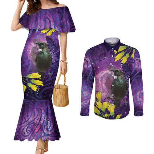 New Zealand Tui Bird Matariki Couples Matching Mermaid Dress and Long Sleeve Button Shirt Kowhai Flower Silver Fern Galaxy Maori Pattern