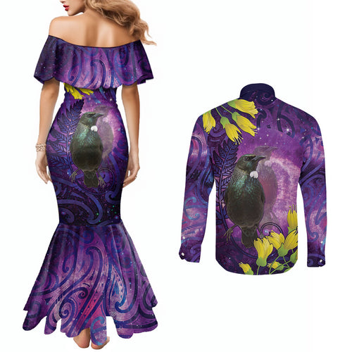 New Zealand Tui Bird Matariki Couples Matching Mermaid Dress and Long Sleeve Button Shirt Kowhai Flower Silver Fern Galaxy Maori Pattern