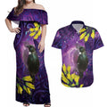 New Zealand Tui Bird Matariki Couples Matching Off Shoulder Maxi Dress and Hawaiian Shirt Kowhai Flower Silver Fern Galaxy Maori Pattern