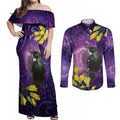 New Zealand Tui Bird Matariki Couples Matching Off Shoulder Maxi Dress and Long Sleeve Button Shirt Kowhai Flower Silver Fern Galaxy Maori Pattern