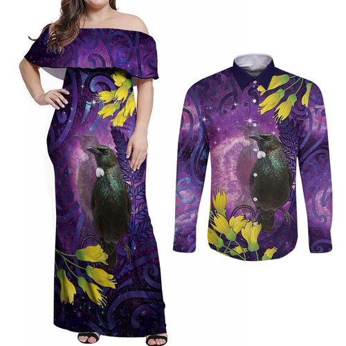New Zealand Tui Bird Matariki Couples Matching Off Shoulder Maxi Dress and Long Sleeve Button Shirt Kowhai Flower Silver Fern Galaxy Maori Pattern