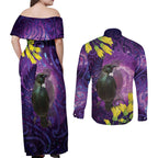New Zealand Tui Bird Matariki Couples Matching Off Shoulder Maxi Dress and Long Sleeve Button Shirt Kowhai Flower Silver Fern Galaxy Maori Pattern