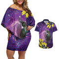 New Zealand Tui Bird Matariki Couples Matching Off Shoulder Short Dress and Hawaiian Shirt Kowhai Flower Silver Fern Galaxy Maori Pattern