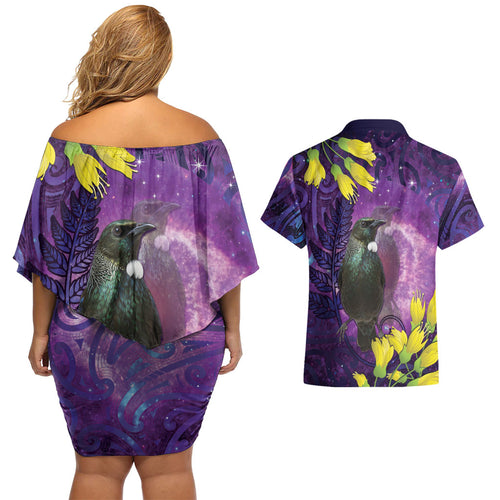 New Zealand Tui Bird Matariki Couples Matching Off Shoulder Short Dress and Hawaiian Shirt Kowhai Flower Silver Fern Galaxy Maori Pattern
