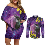 New Zealand Tui Bird Matariki Couples Matching Off Shoulder Short Dress and Long Sleeve Button Shirt Kowhai Flower Silver Fern Galaxy Maori Pattern